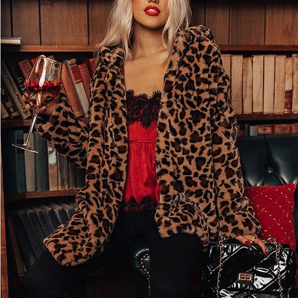 leopard animal print plush coat lapel jacket - Picture 4 of 5